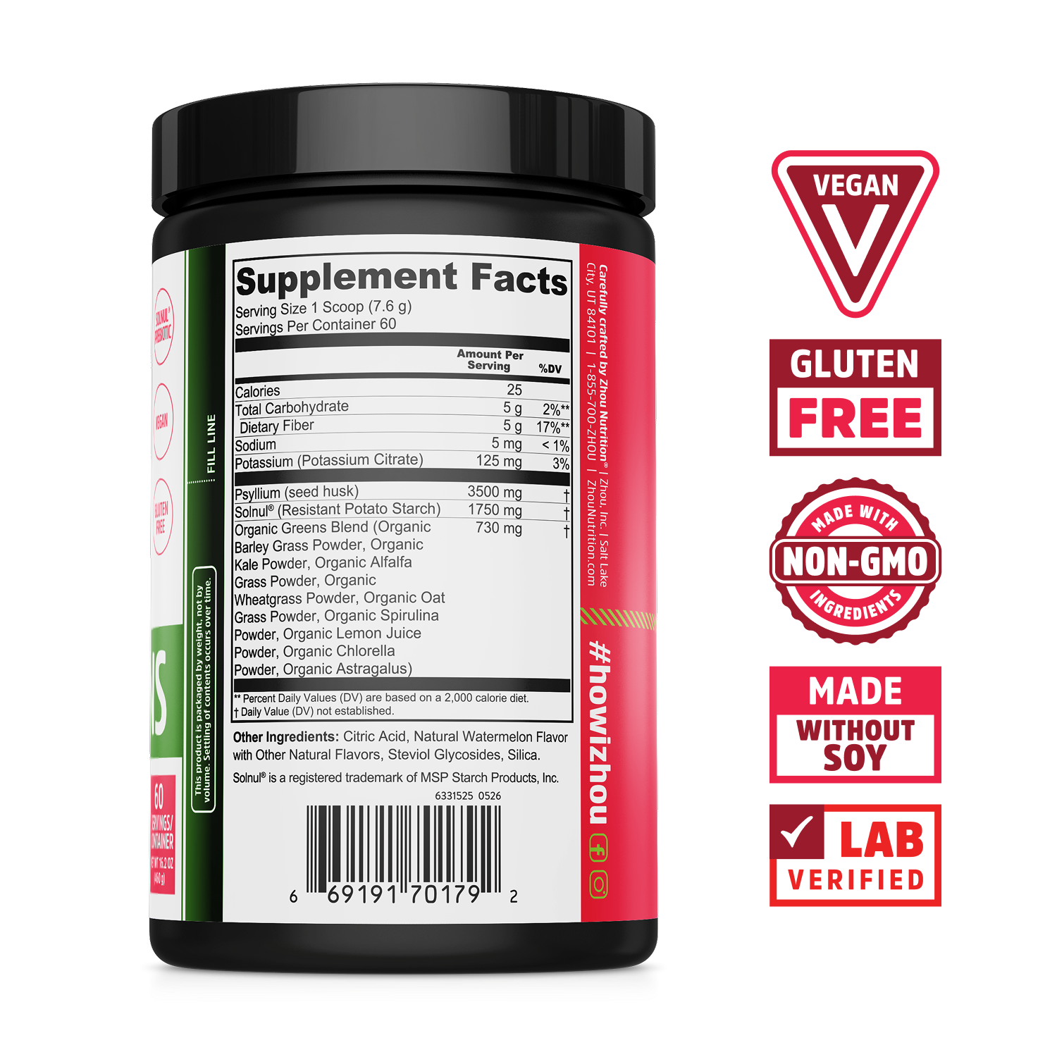 Zhou Nutrition Fiber + Greens supplement facts label on black jar with vegan, gluten-free, and digestive health icons.