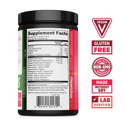 Zhou Nutrition Fiber + Greens supplement facts label on black jar with vegan, gluten-free, and digestive health icons.