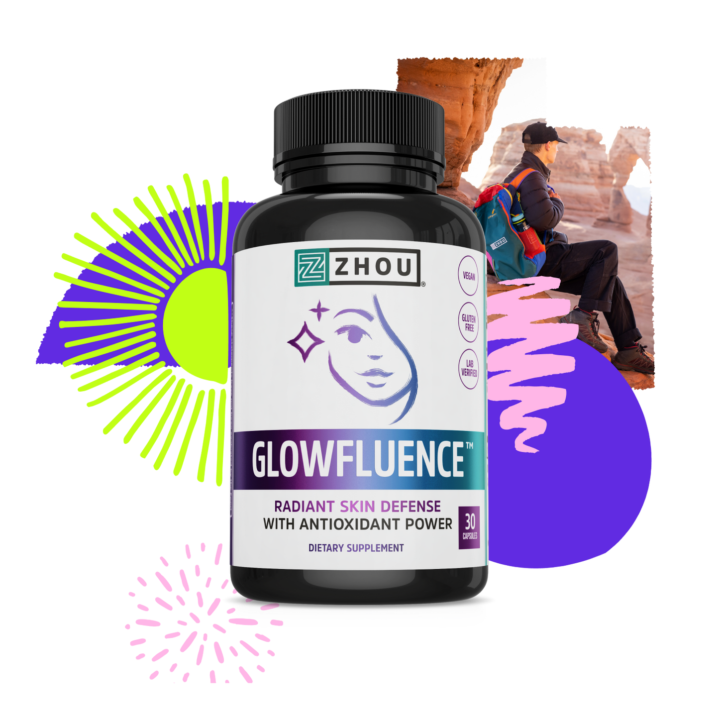 A bottle of Zhou Nutrition Glowfluence skin supplement with hyaluronic acid set before bright shapes and red rock hiker.