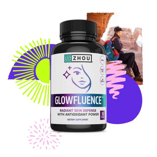 A bottle of Zhou Nutrition Glowfluence skin supplement with hyaluronic acid set before bright shapes and red rock hiker.