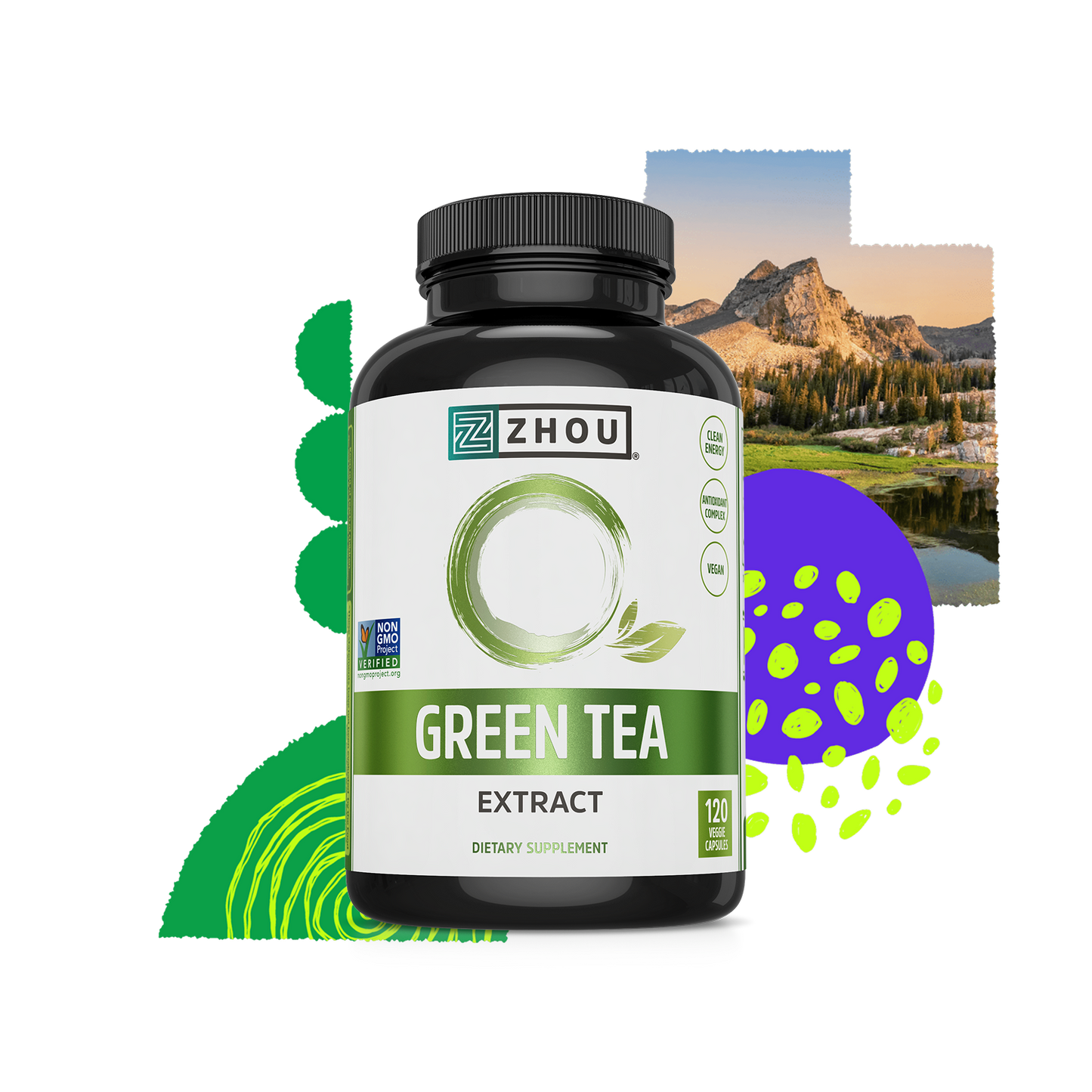 Zhou Nutrition Green Tea Extract for metabolism support, with abstract green designs and a scenic mountain backdrop.