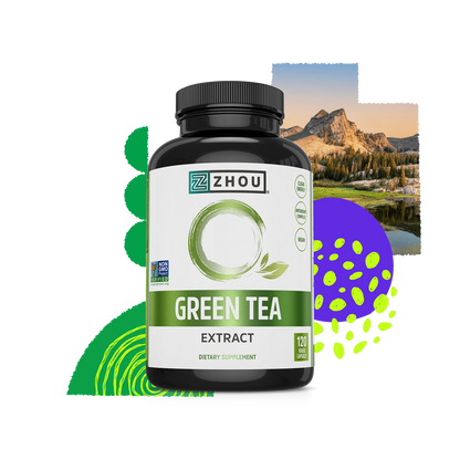 Zhou Nutrition Green Tea Extract for metabolism support, with abstract green designs and a scenic mountain backdrop.