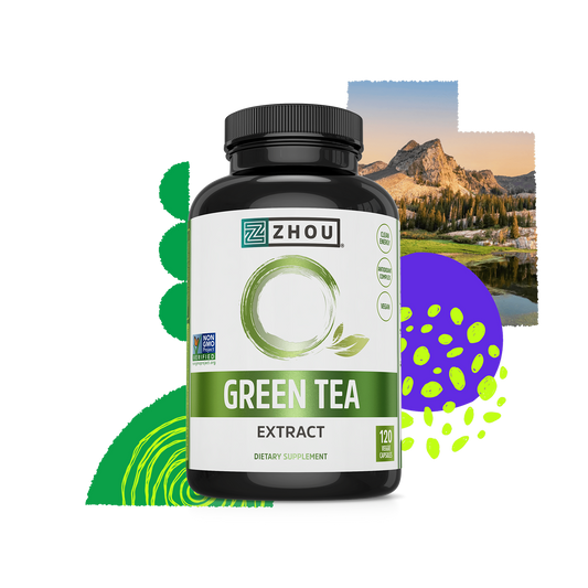 Zhou Nutrition Green Tea Extract for metabolism support, with abstract green designs and a scenic mountain backdrop.