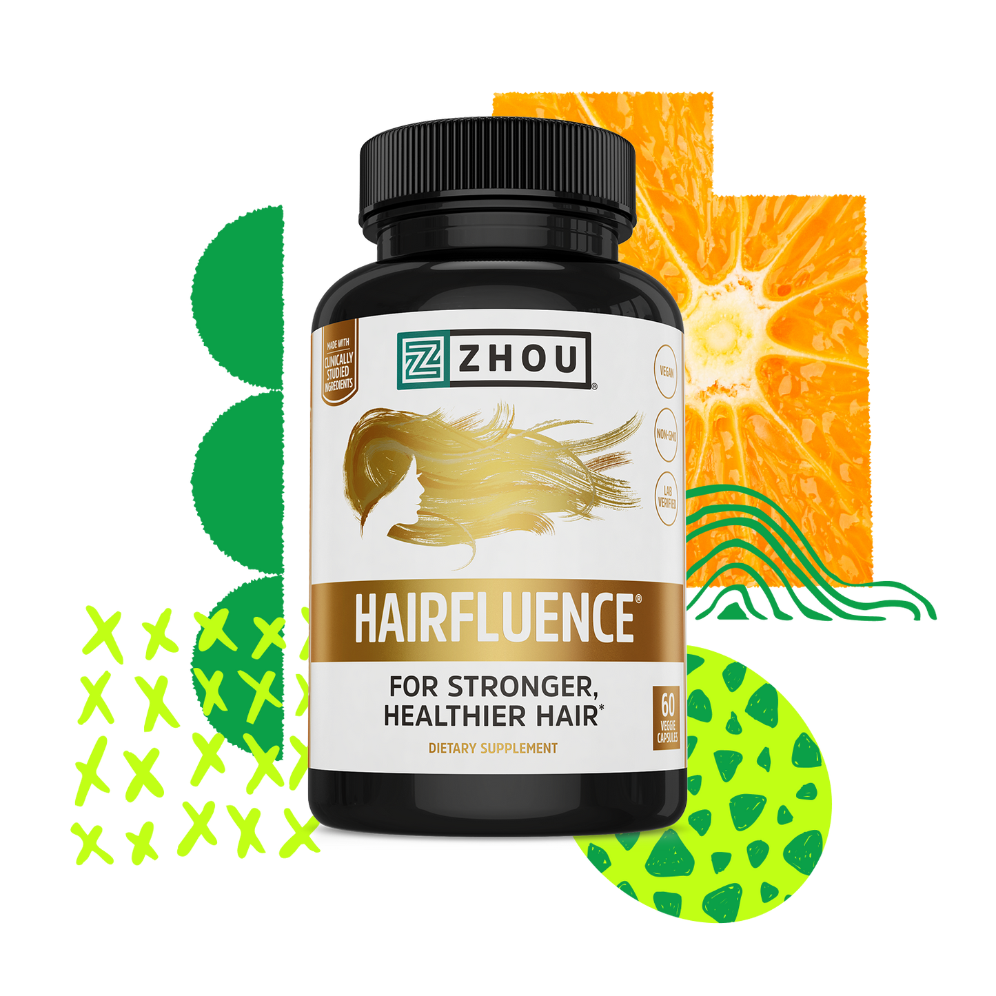 Zhou Nutrition Hairfluence vegan hair growth supplement bottle with abstract fruit and leaf designs in the background.