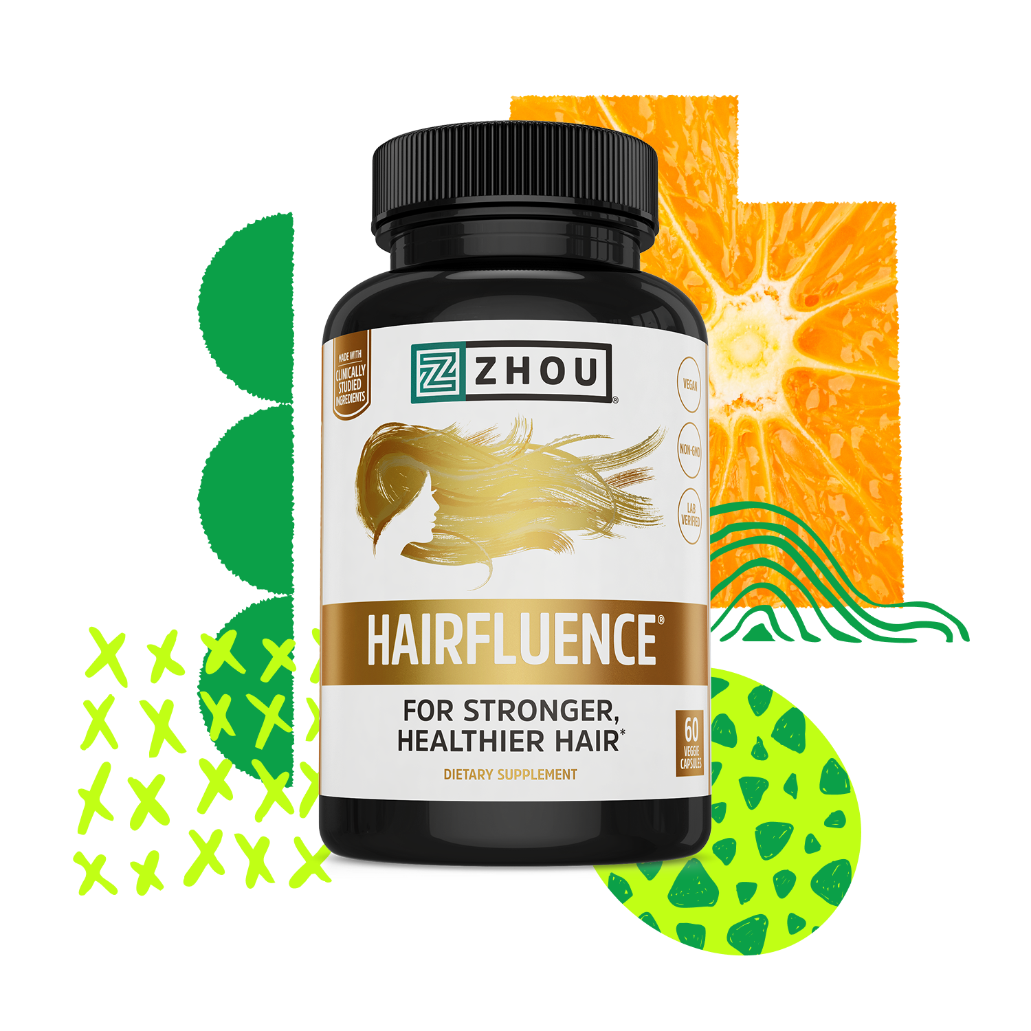 Zhou Nutrition Hairfluence vegan hair growth supplement bottle with abstract fruit and leaf designs in the background.