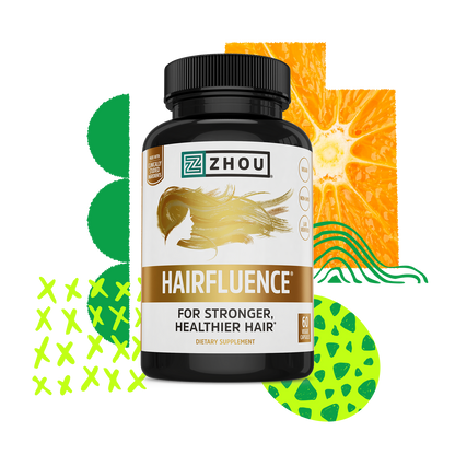 Zhou Nutrition Hairfluence vegan hair growth supplement bottle with abstract fruit and leaf designs in the background.