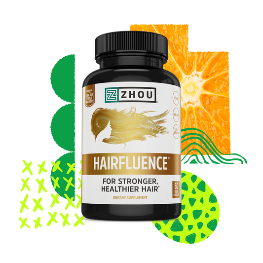 Zhou Nutrition Hairfluence vegan hair growth supplement bottle with abstract fruit and leaf designs in the background.