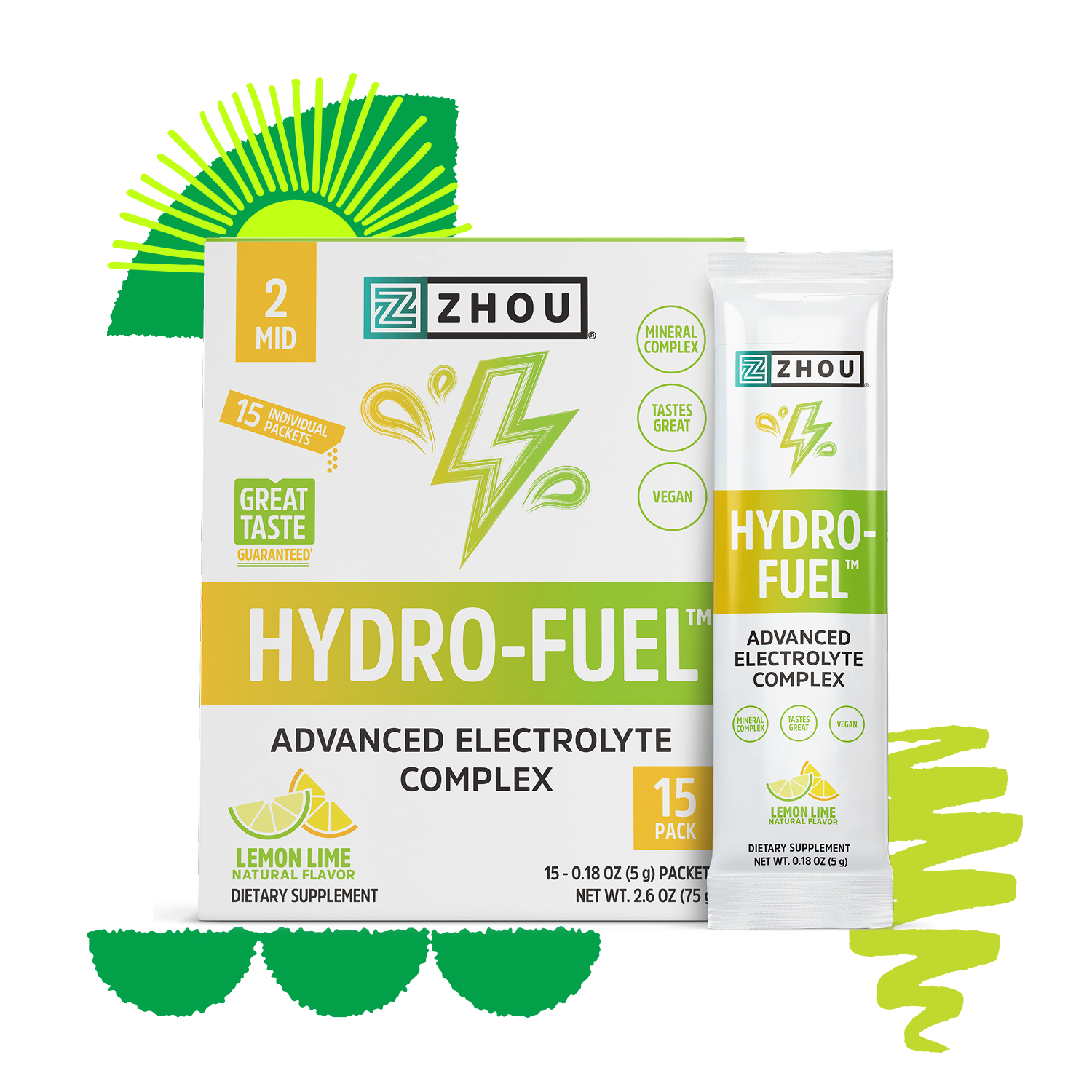 Zhou Nutrition Hydro-Fuel Stick Packs, lemon lime with coconut water powder, in bright green and yellow packs.