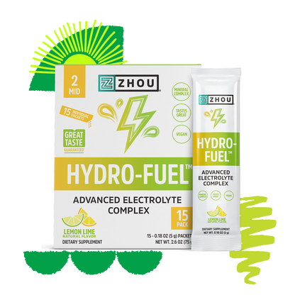 Zhou Nutrition Hydro-Fuel Stick Packs, lemon lime with coconut water powder, in bright green and yellow packs.
