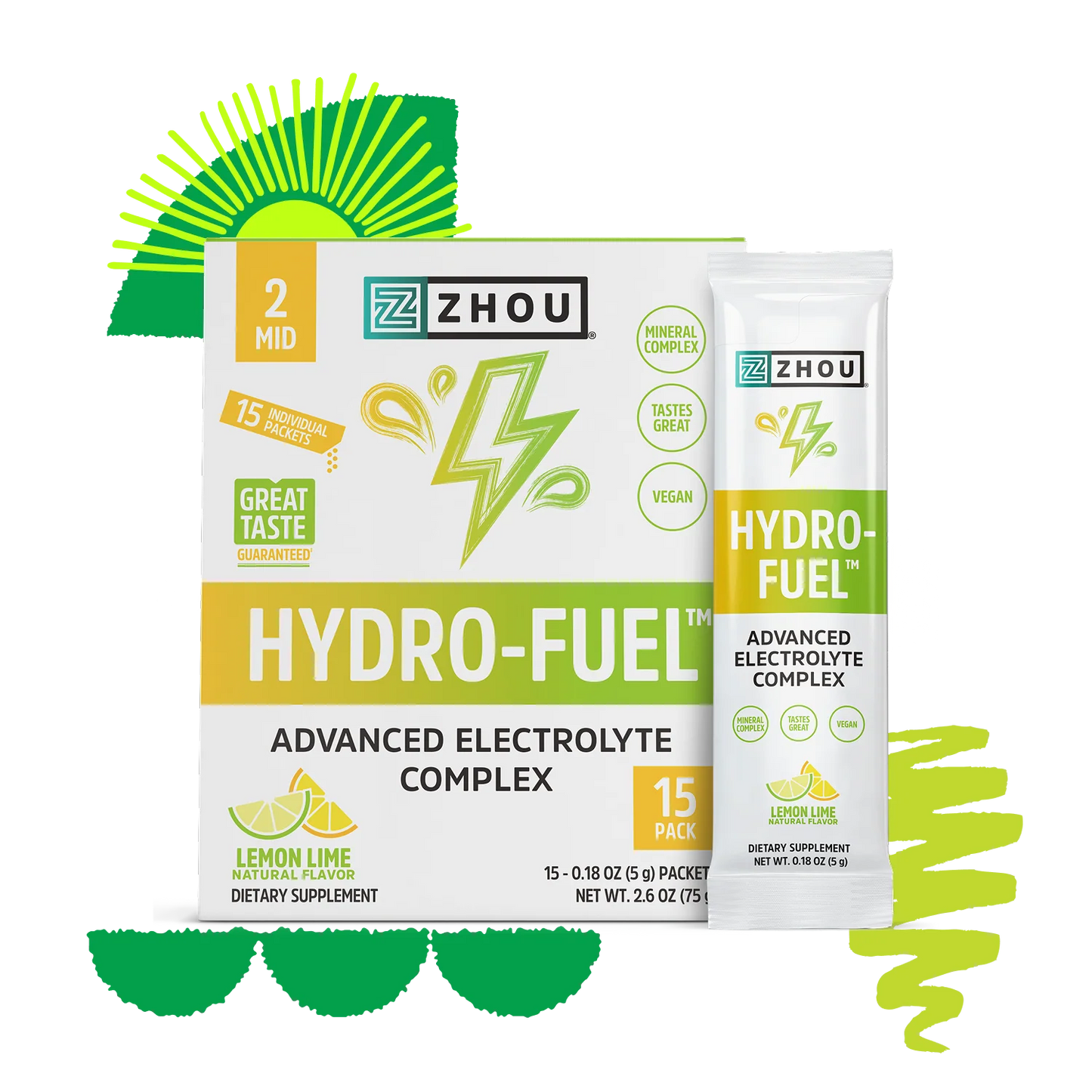 Box and packet of Zhou Nutrition Hydro-Fuel™ Stick Pack + Tub Bundle, lemon lime flavor, for electrolyte balance.
