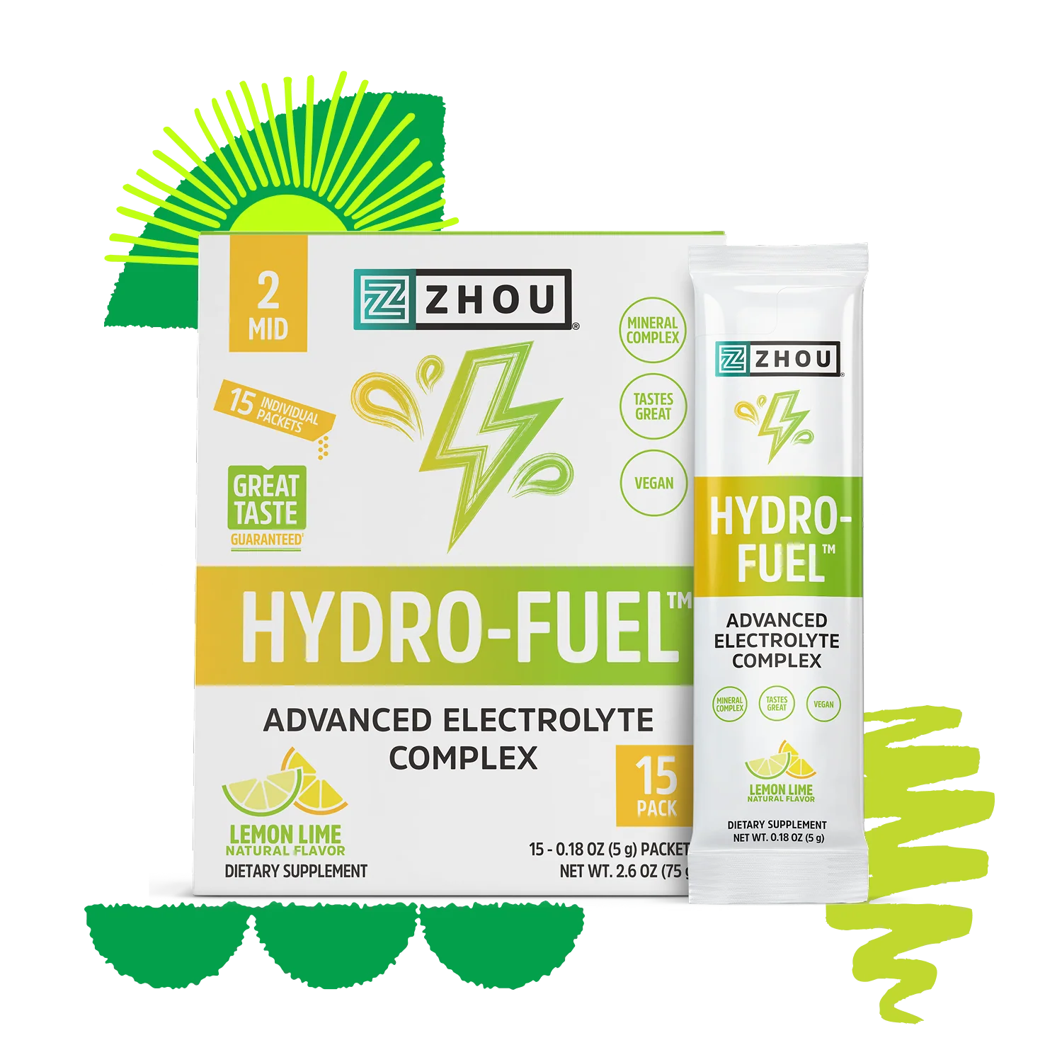 Box and packet of Zhou Nutrition Hydro-Fuel™ Stick Pack + Tub Bundle, lemon lime flavor, for electrolyte balance.