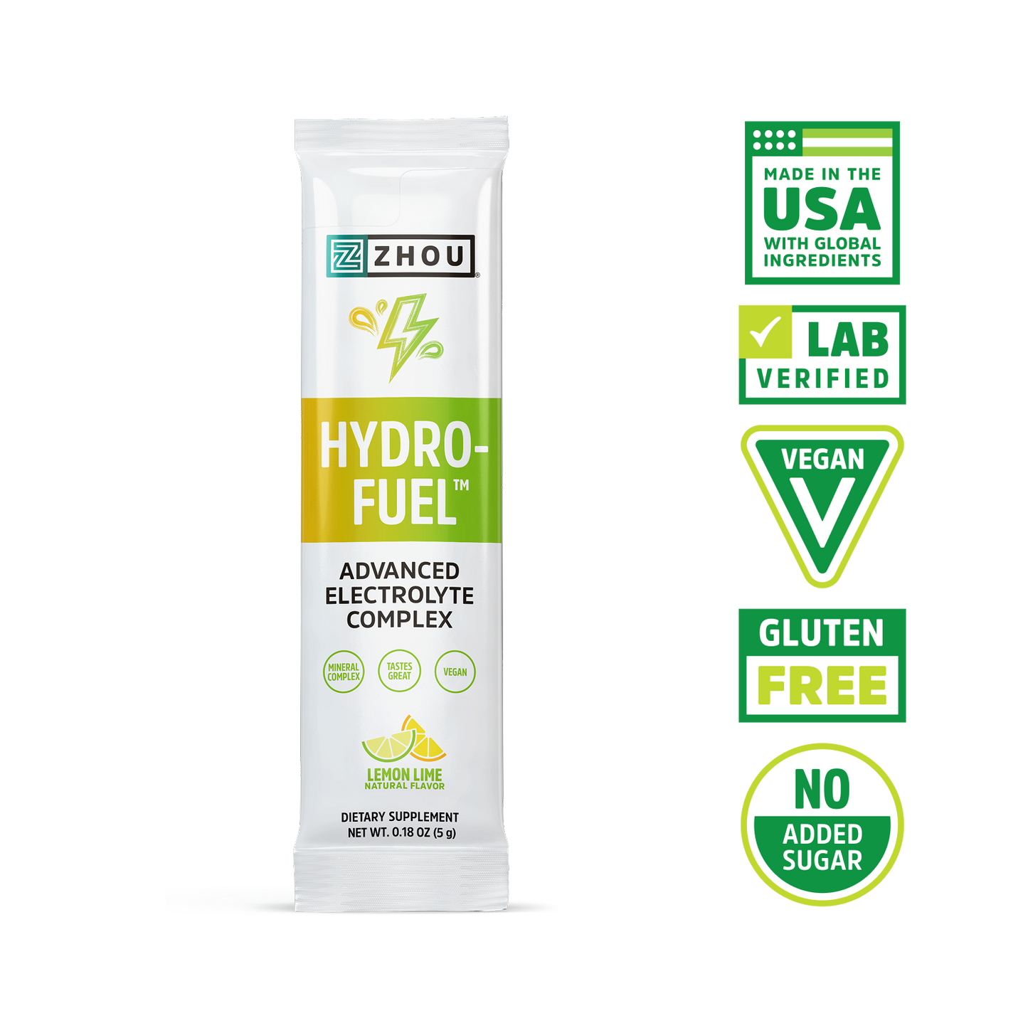Zhou Nutrition Hydro-Fuel Stick Packs: vegan, no added sugar, coconut water powder for electrolyte balance.