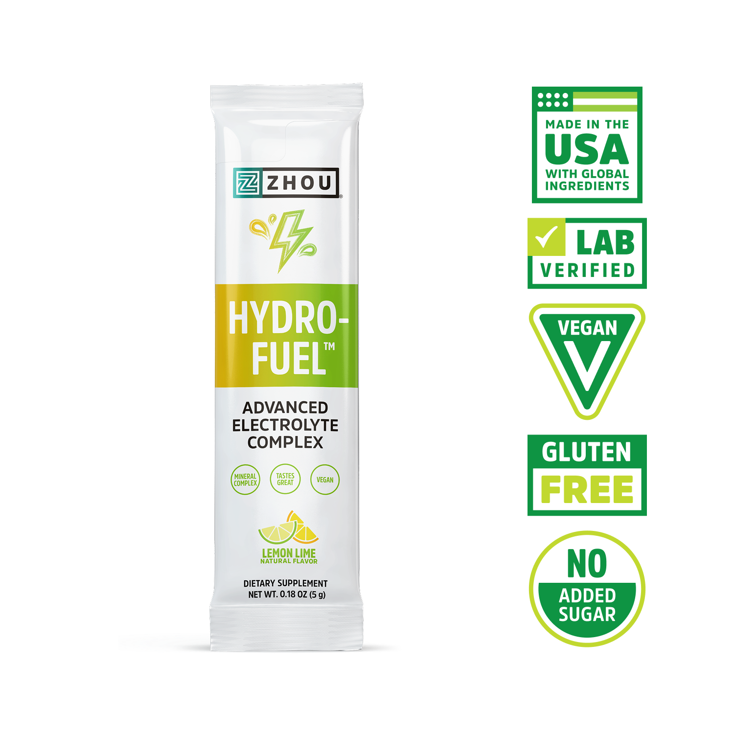 Zhou Nutrition Hydro-Fuel Stick Packs: vegan, no added sugar, coconut water powder for electrolyte balance.