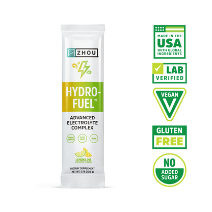 Zhou Nutrition Hydro-Fuel Stick Packs: vegan, no added sugar, coconut water powder for electrolyte balance.