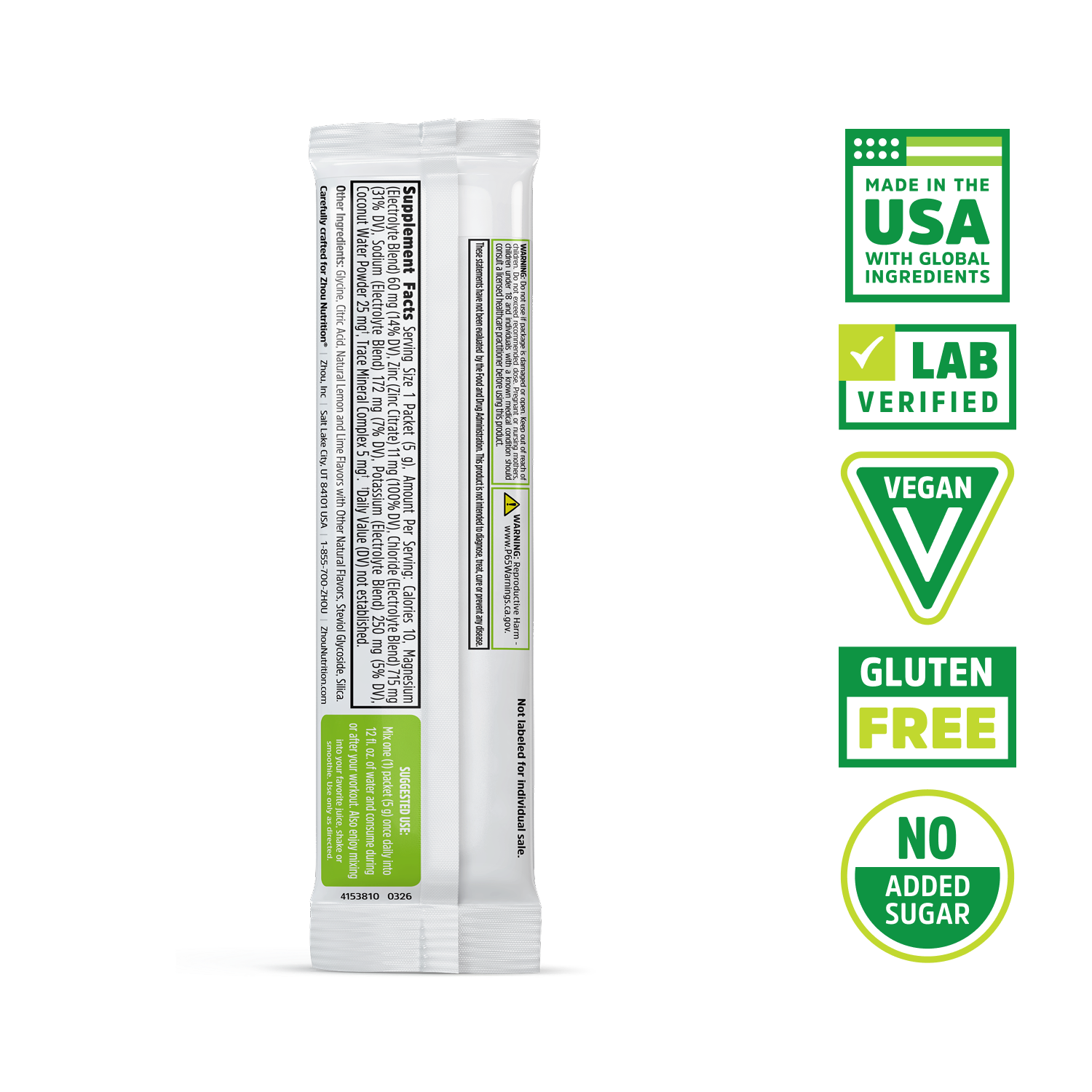 Hydro-Fuel Stick Packs by Zhou Nutrition: Made in USA, Vegan, Gluten Free, with coconut water powder.