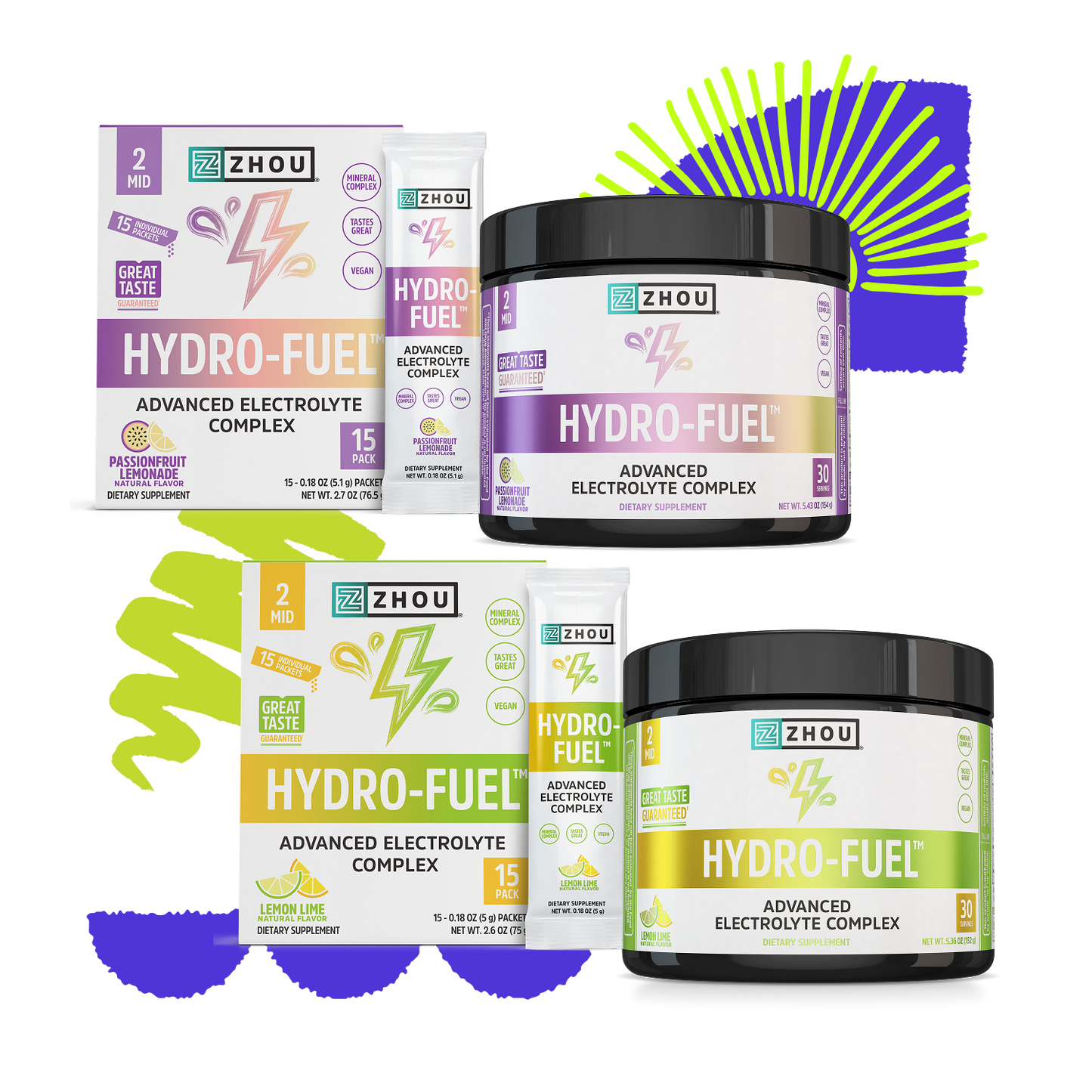 Zhou Nutrition Hydro-Fuel™ Stick Pack + Tub Bundle in fruity flavors with abstract graphics.