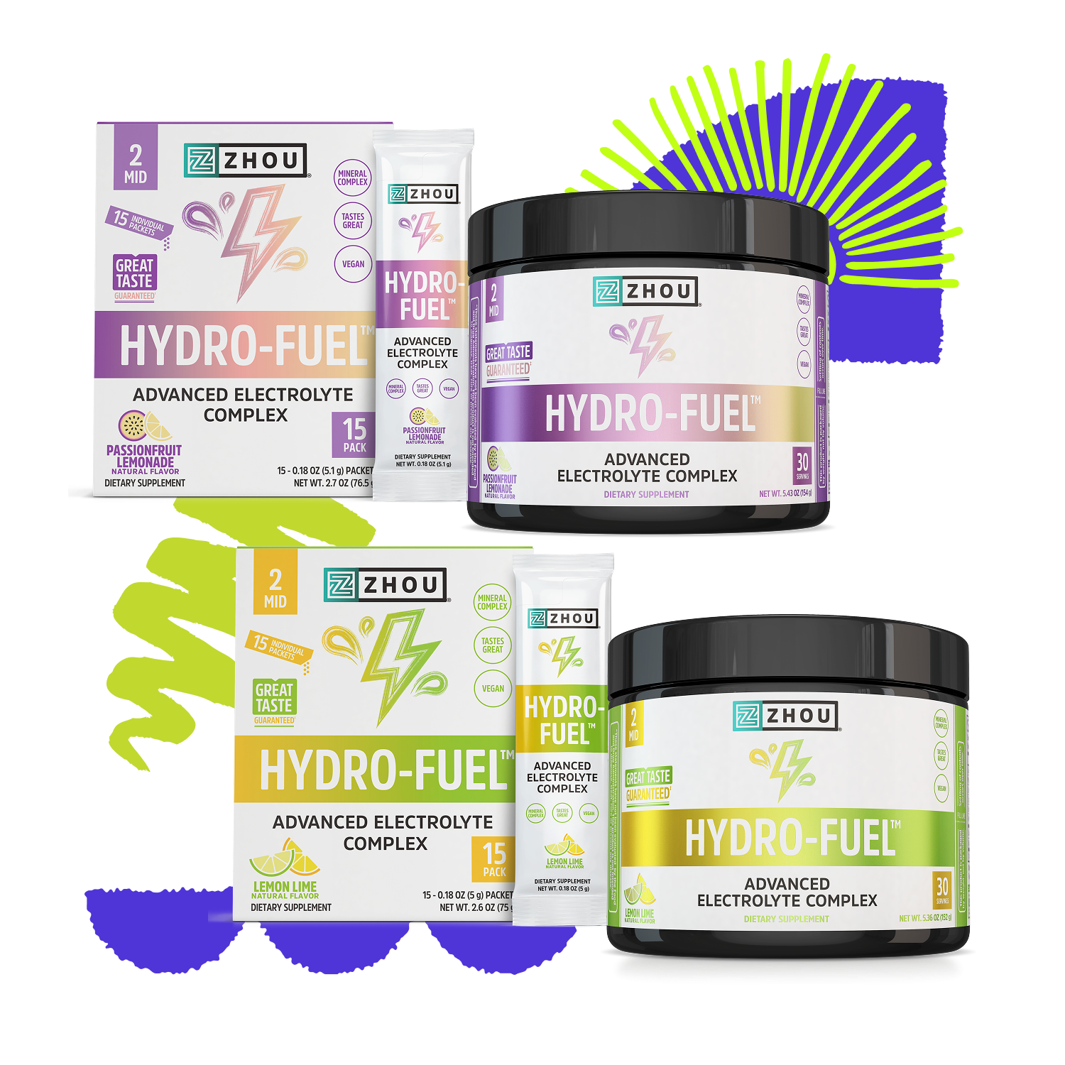 Zhou Nutrition Hydro-Fuel™ Stick Pack + Tub Bundle in fruity flavors with abstract graphics.