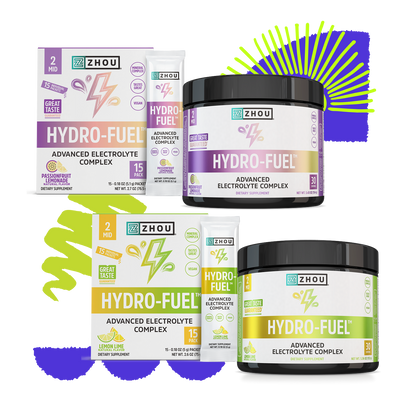 Zhou Nutrition Hydro-Fuel™ Stick Pack + Tub Bundle in fruity flavors with abstract graphics.