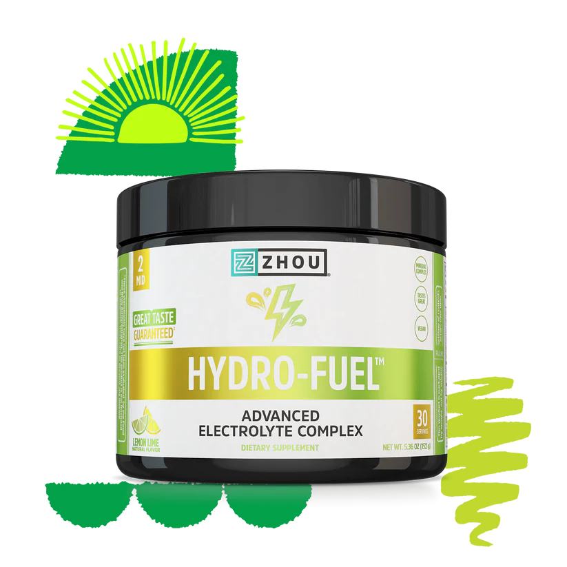 Zhou Nutrition Hydro-Fuel™ Stick Pack + Tub Bundle, lemon lime flavor with coconut water, bright green and yellow.