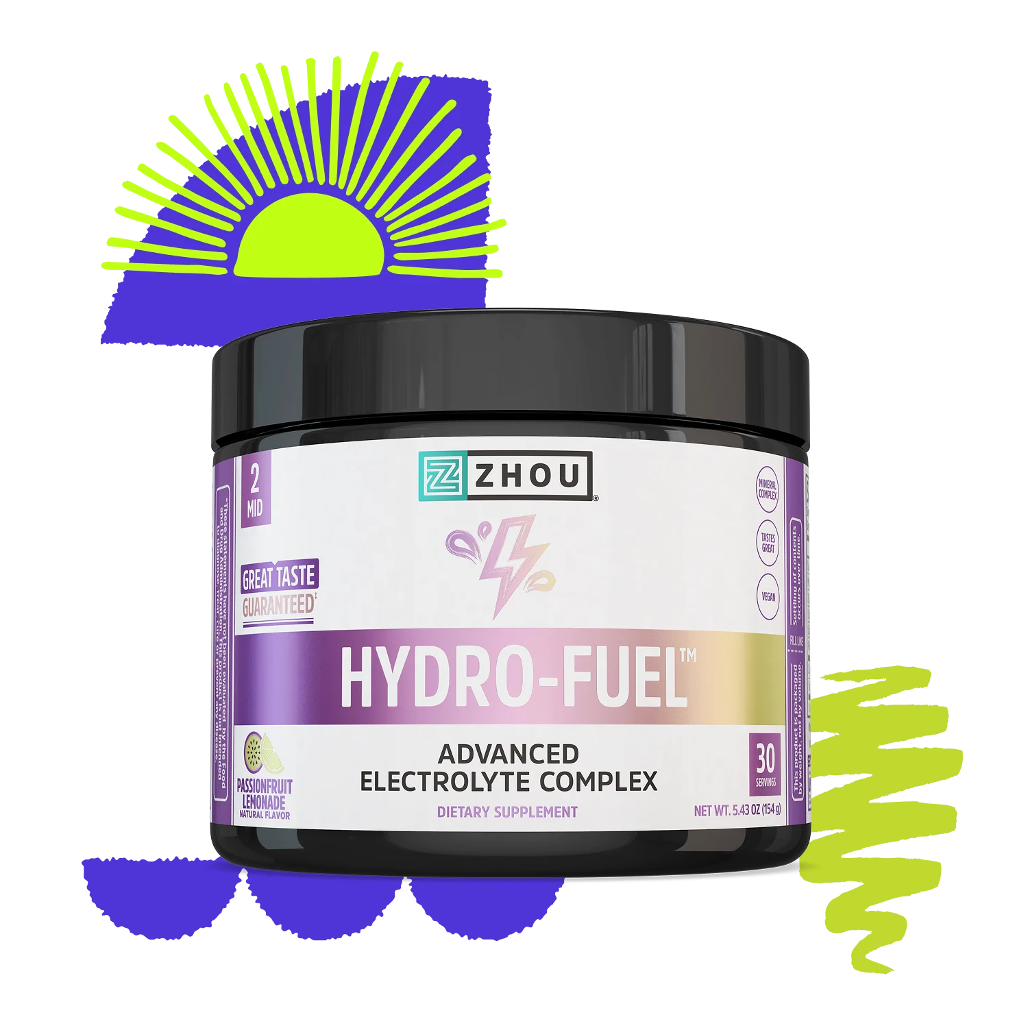 A Hydro-Fuel™ Stick Pack + Tub Bundle by Zhou Nutrition with coconut water powder and a vibrant abstract backdrop.