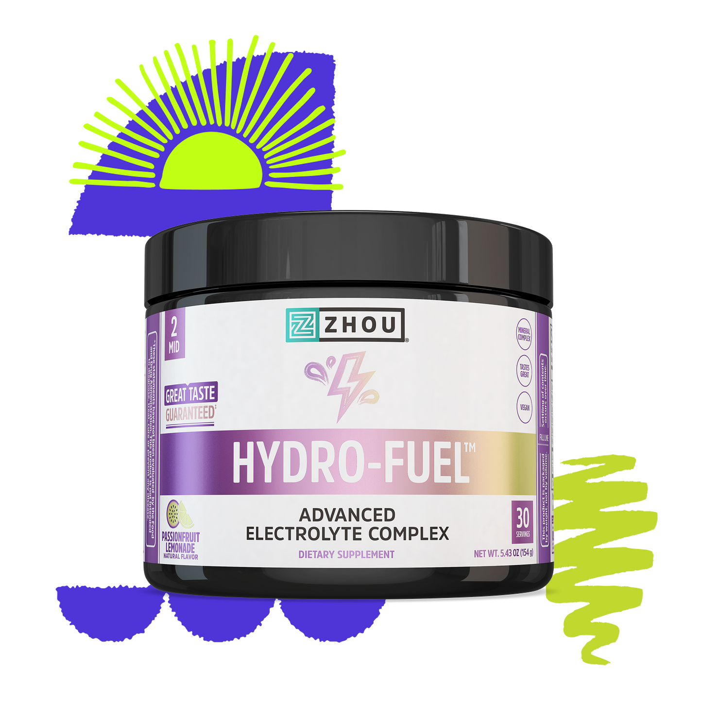A jar of Zhou Nutrition Hydro-Fuel hydration supplement with abstract sun and wave illustrations in the background.