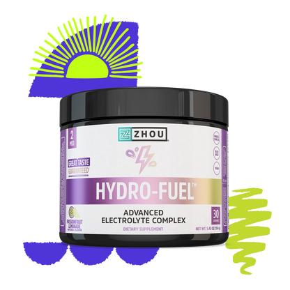 A jar of Zhou Nutrition Hydro-Fuel hydration supplement with abstract sun and wave illustrations in the background.