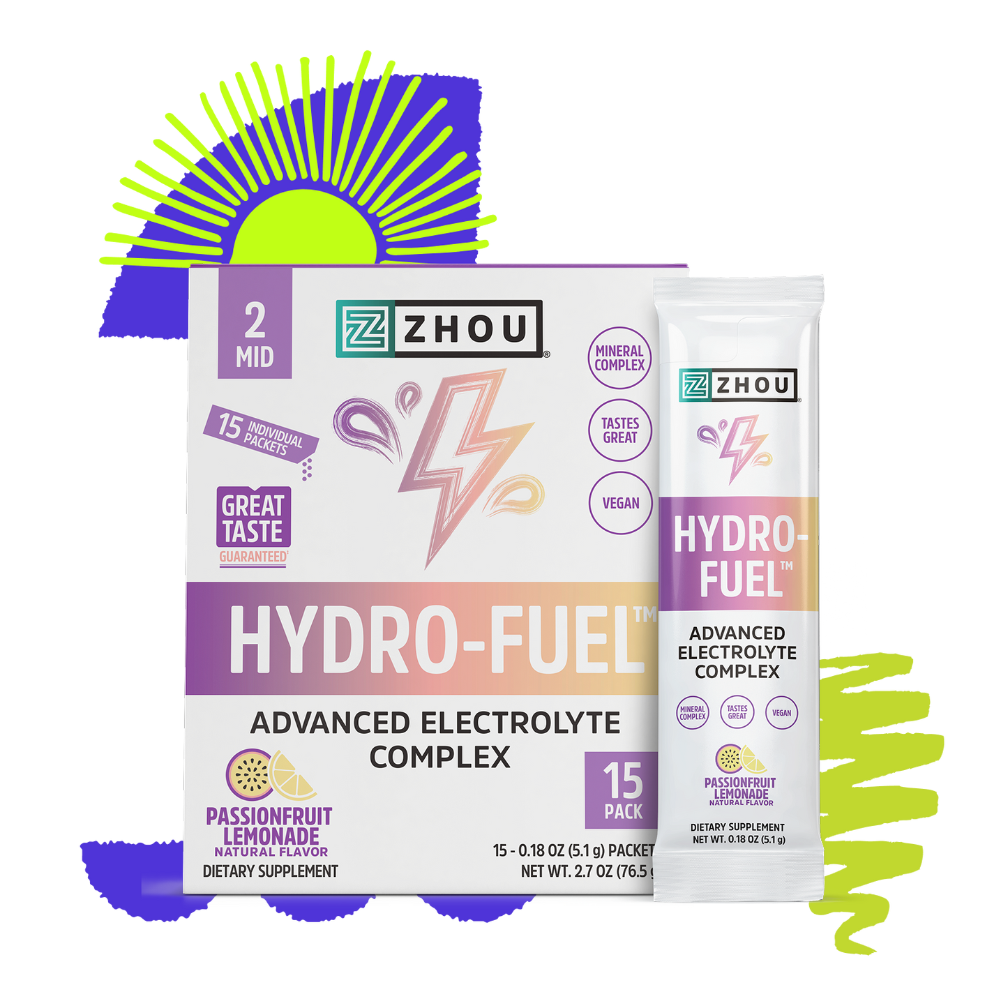 Zhou Nutrition Hydro-Fuel Stick Packs, passionfruit lemonade flavor, feature bright abstract graphics.
