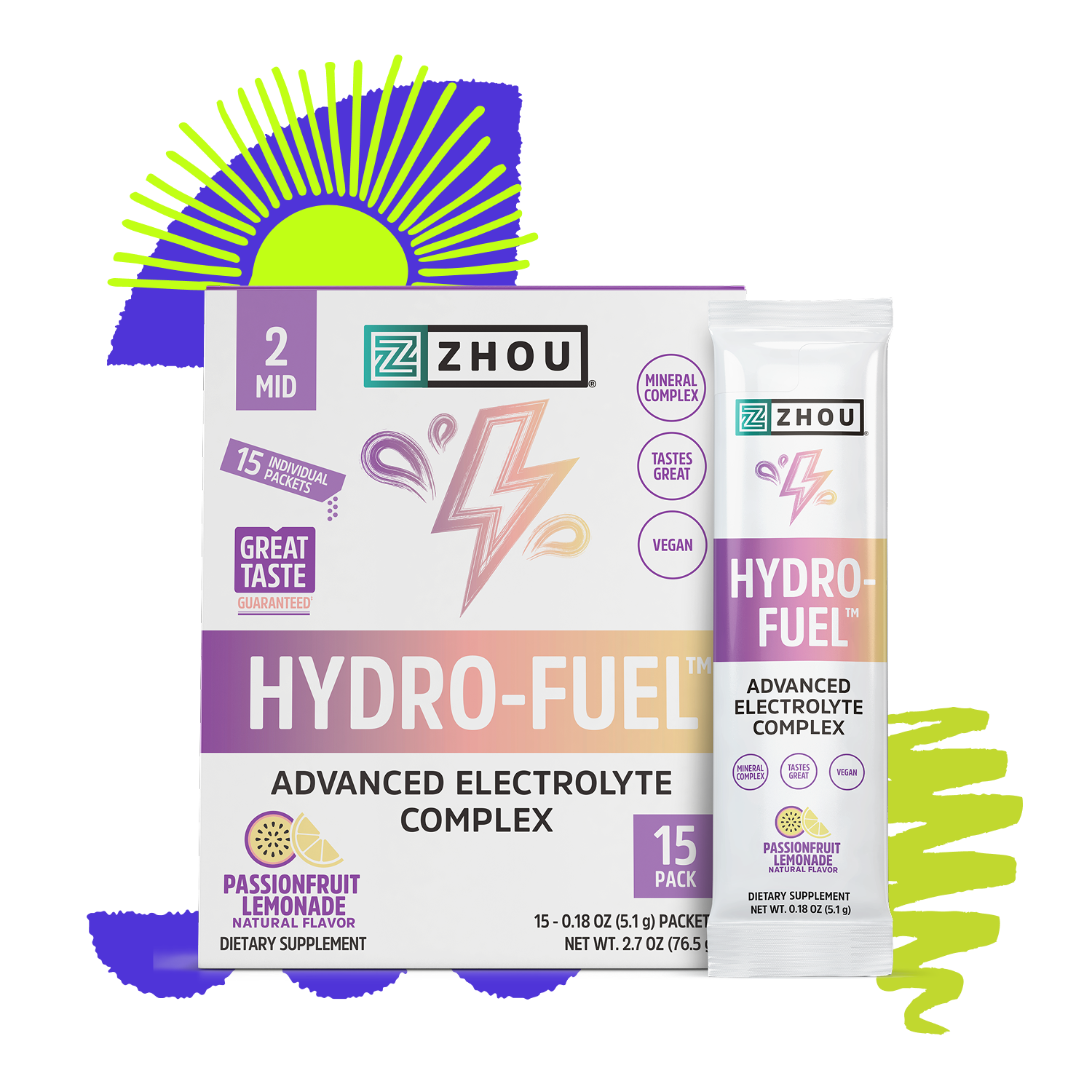 Zhou Nutrition Hydro-Fuel Stick Packs, passionfruit lemonade flavor, feature bright abstract graphics.