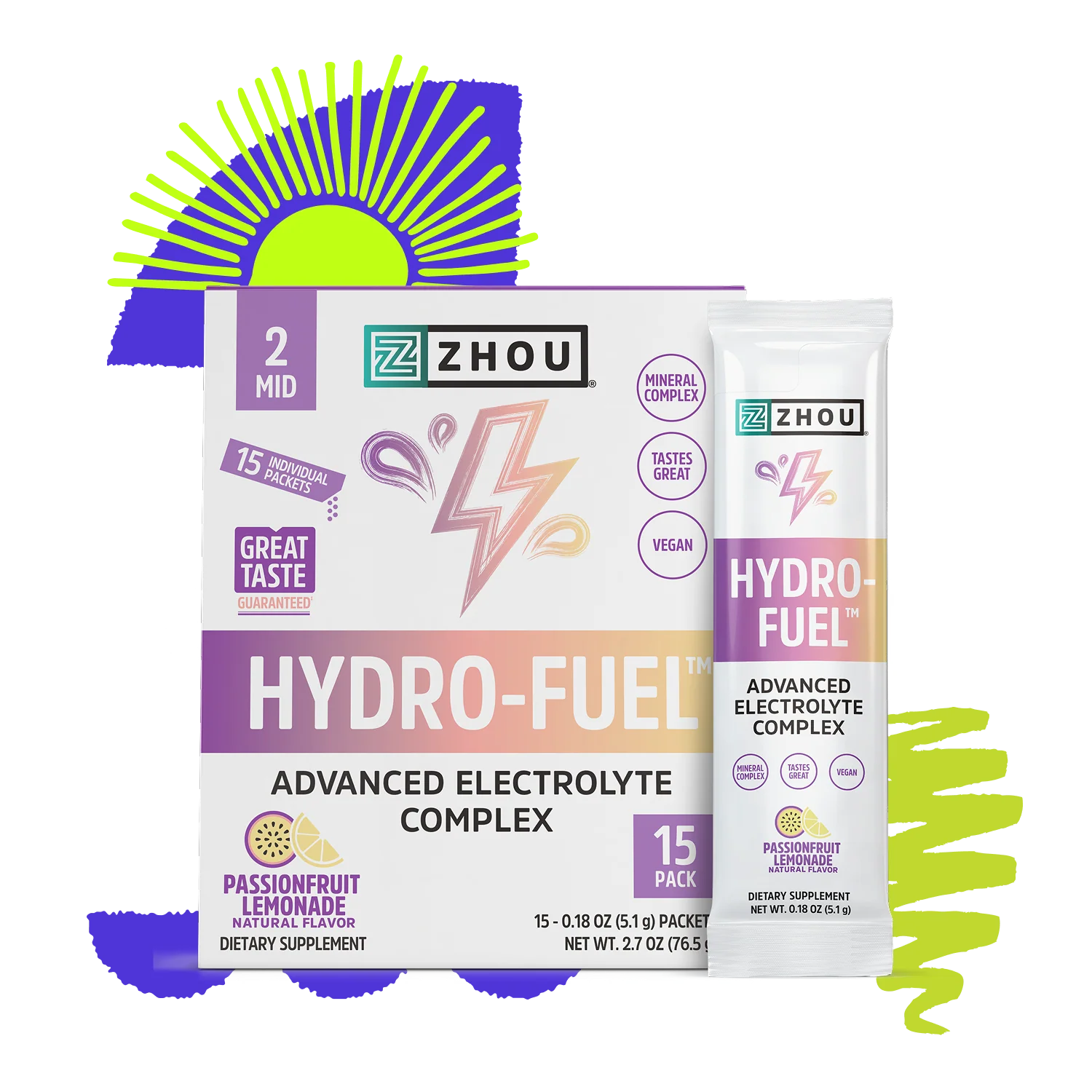 Zhou Nutrition Hydro-Fuel™ Stick Pack + Tub Bundle, passionfruit lemonade flavor, with bold, colorful packaging.