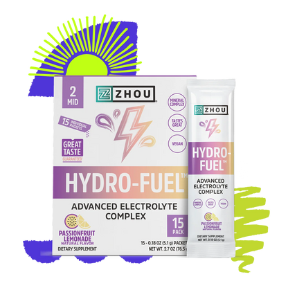 Zhou Nutrition Hydro-Fuel™ Stick Pack + Tub Bundle, passionfruit lemonade flavor, with bold, colorful packaging.