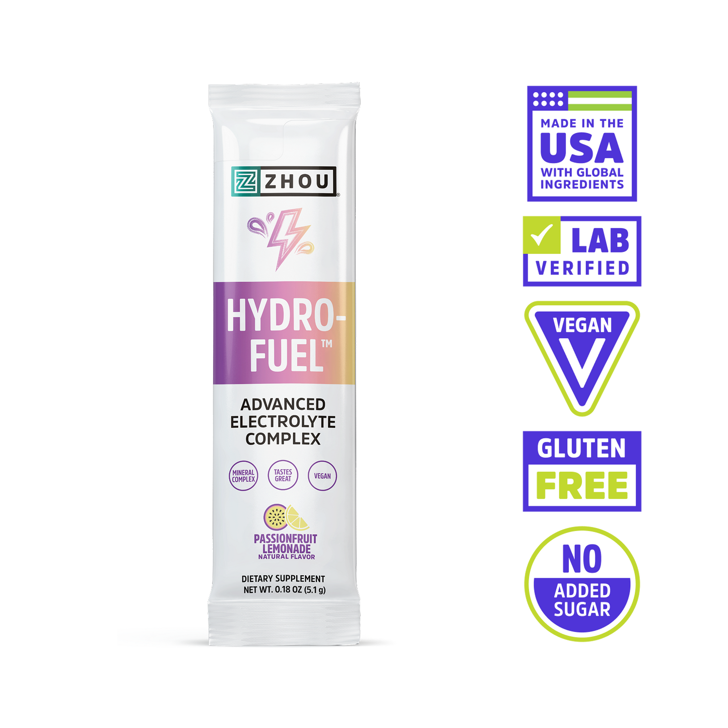 Zhou Nutrition Hydro-Fuel Stick Packs: passionfruit lemonade, coconut water, vegan, lab verified, no added sugar.