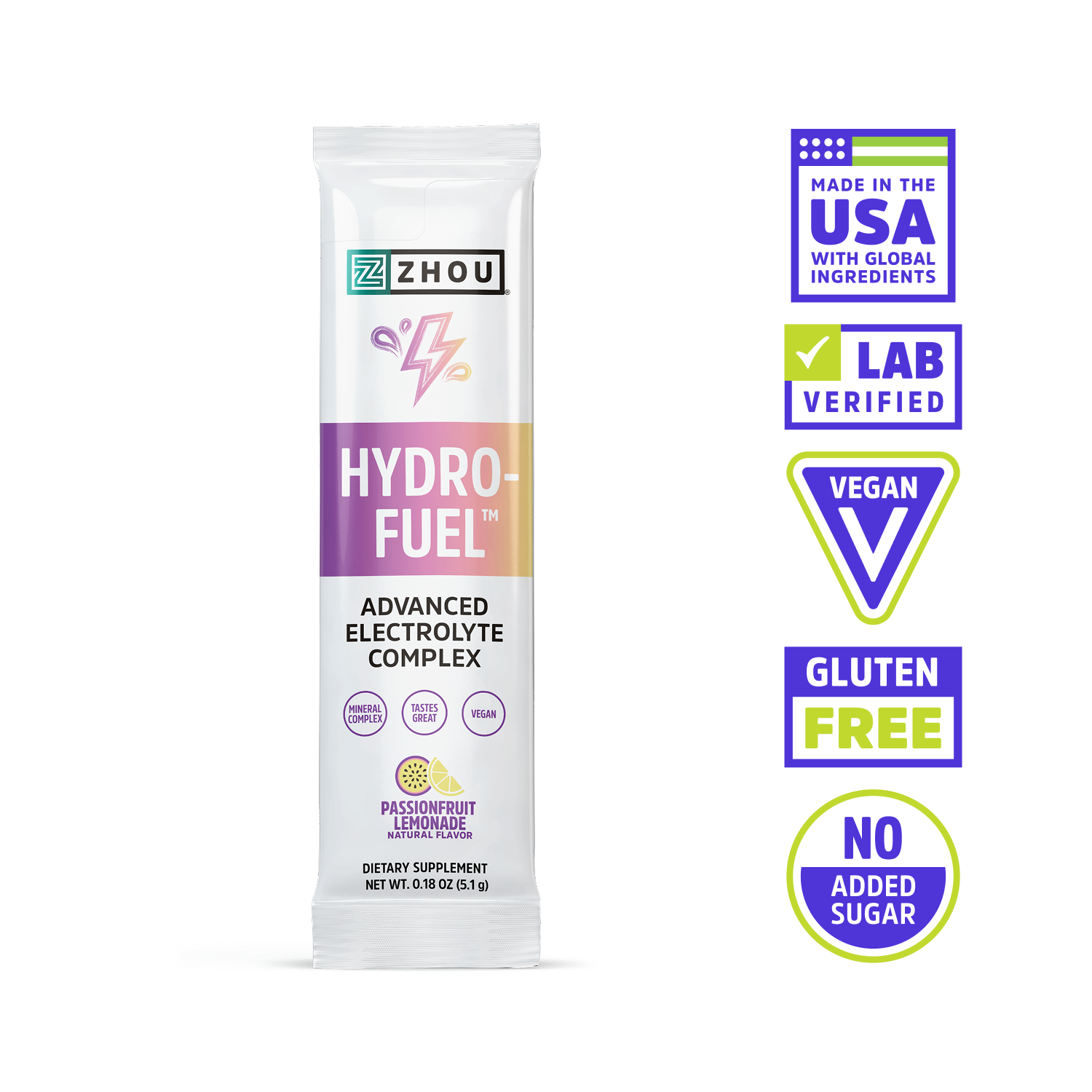 Zhou Nutrition Hydro-Fuel Stick Packs: passionfruit lemonade, coconut water, vegan, lab verified, no added sugar.