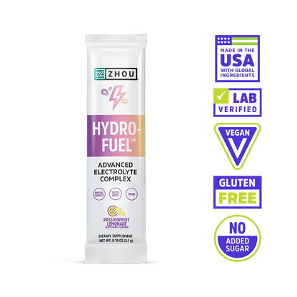 Zhou Nutrition Hydro-Fuel Stick Packs: passionfruit lemonade, coconut water, vegan, lab verified, no added sugar.