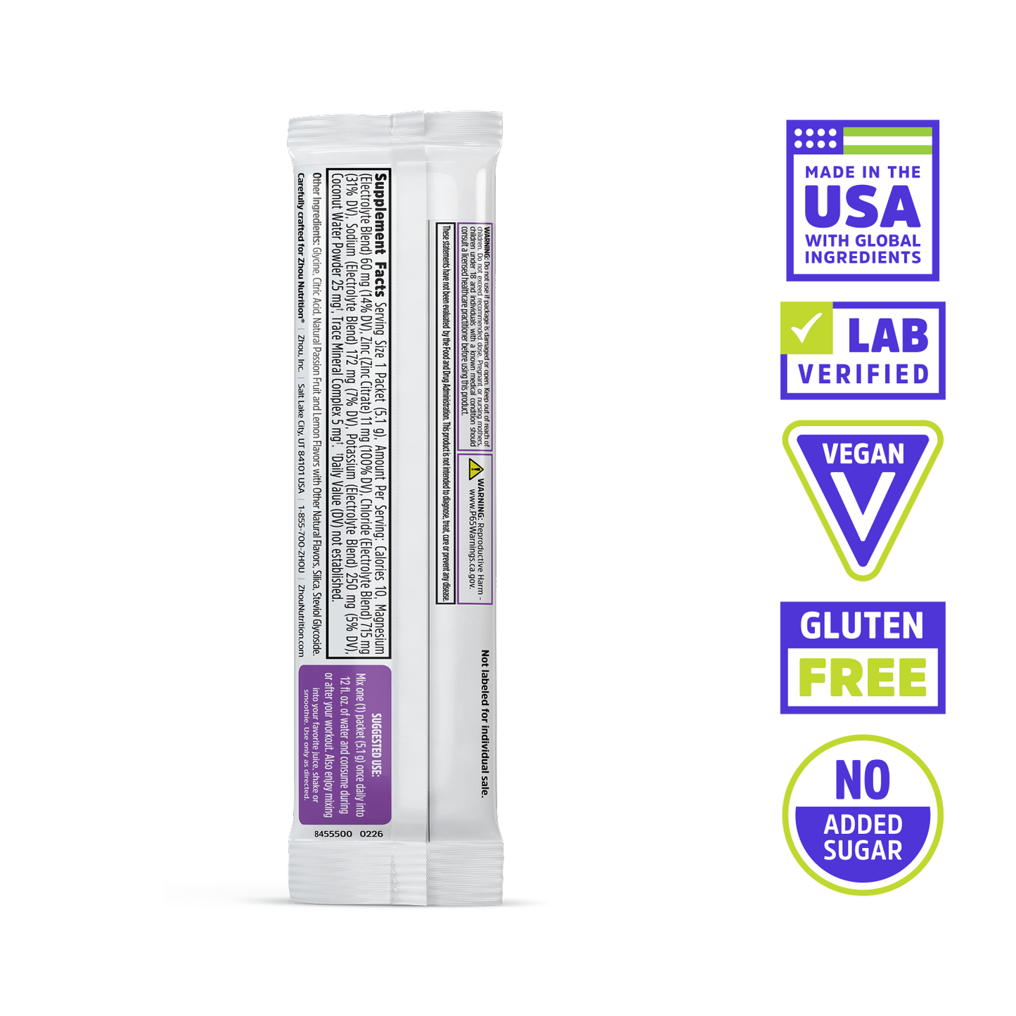 Back of Zhou Nutrition Hydro-Fuel Stick Packs: Made in USA, Lab Verified, Vegan, Gluten Free & with coconut water powder.