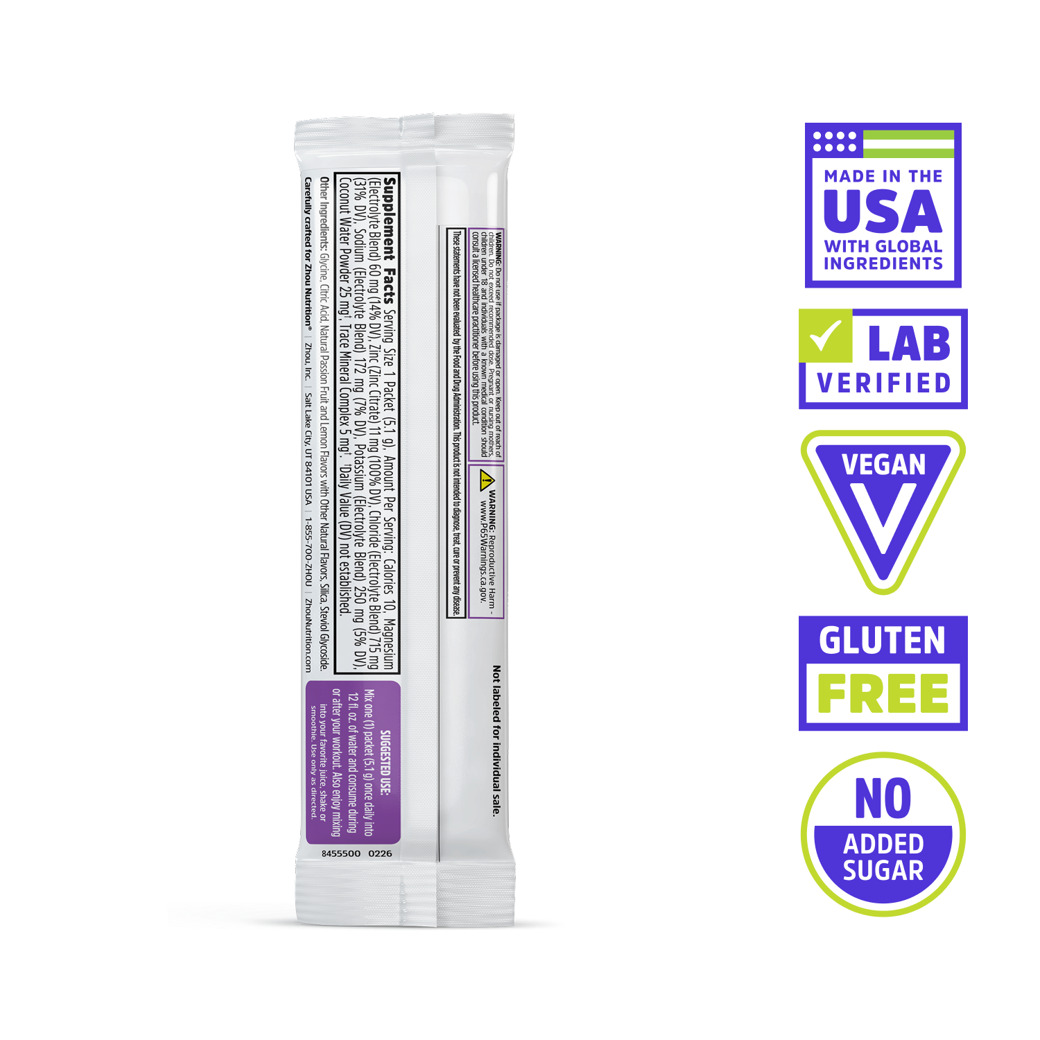 Back of Zhou Nutrition Hydro-Fuel Stick Packs: Made in USA, Lab Verified, Vegan, Gluten Free & with coconut water powder.