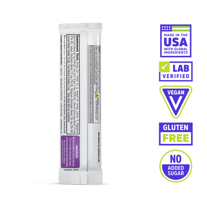 Back of Zhou Nutrition Hydro-Fuel Stick Packs: Made in USA, Lab Verified, Vegan, Gluten Free & with coconut water powder.