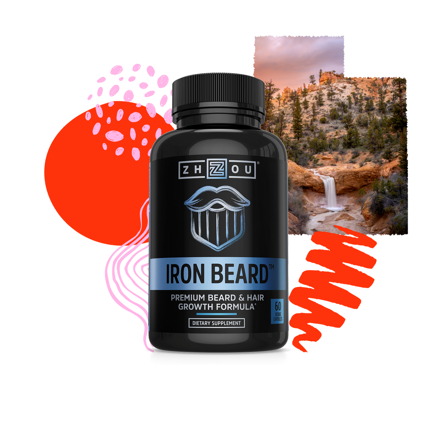 A bottle of Zhou Nutrition Iron Beard is set before abstract red shapes and a scenic landscape with trees and a waterfall.