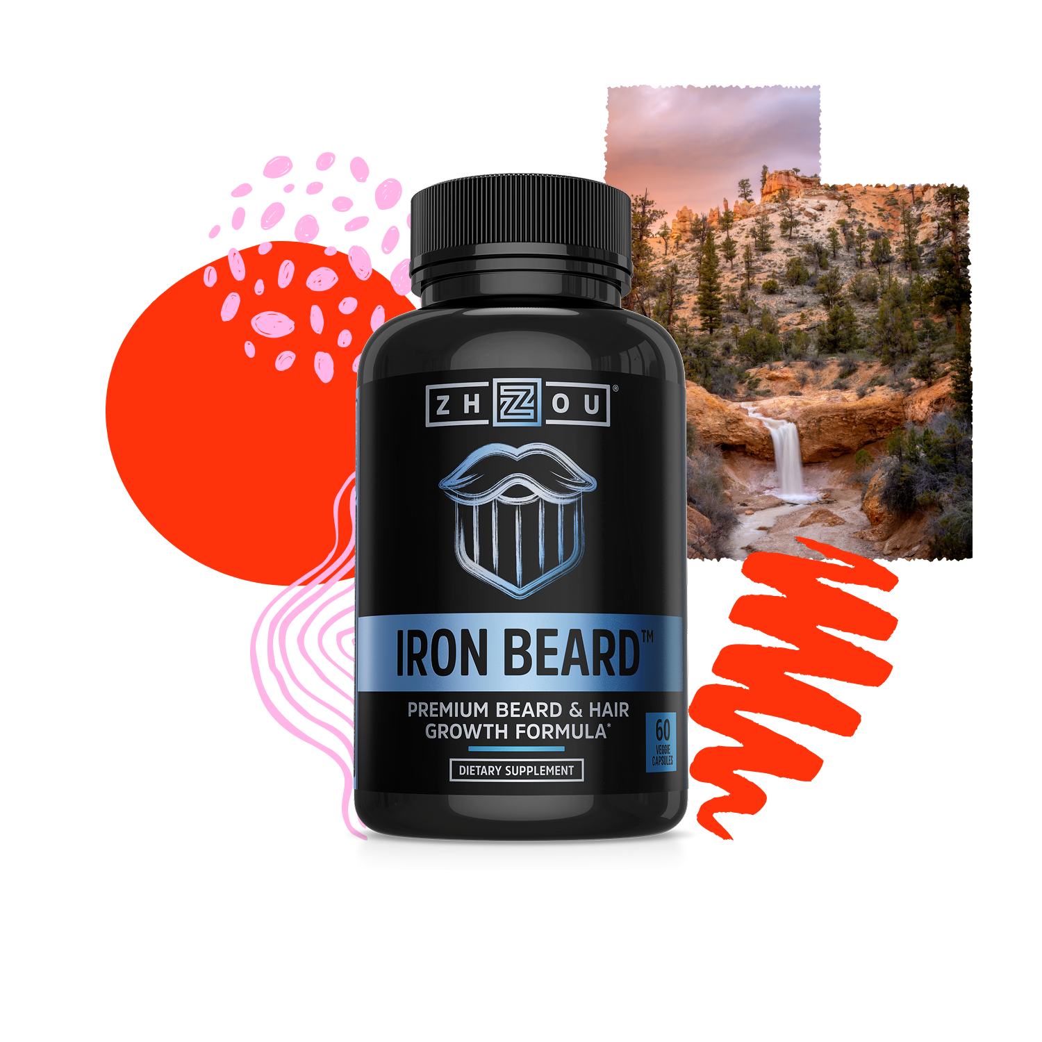 A bottle of Zhou Nutrition Iron Beard is set before abstract red shapes and a scenic landscape with trees and a waterfall.