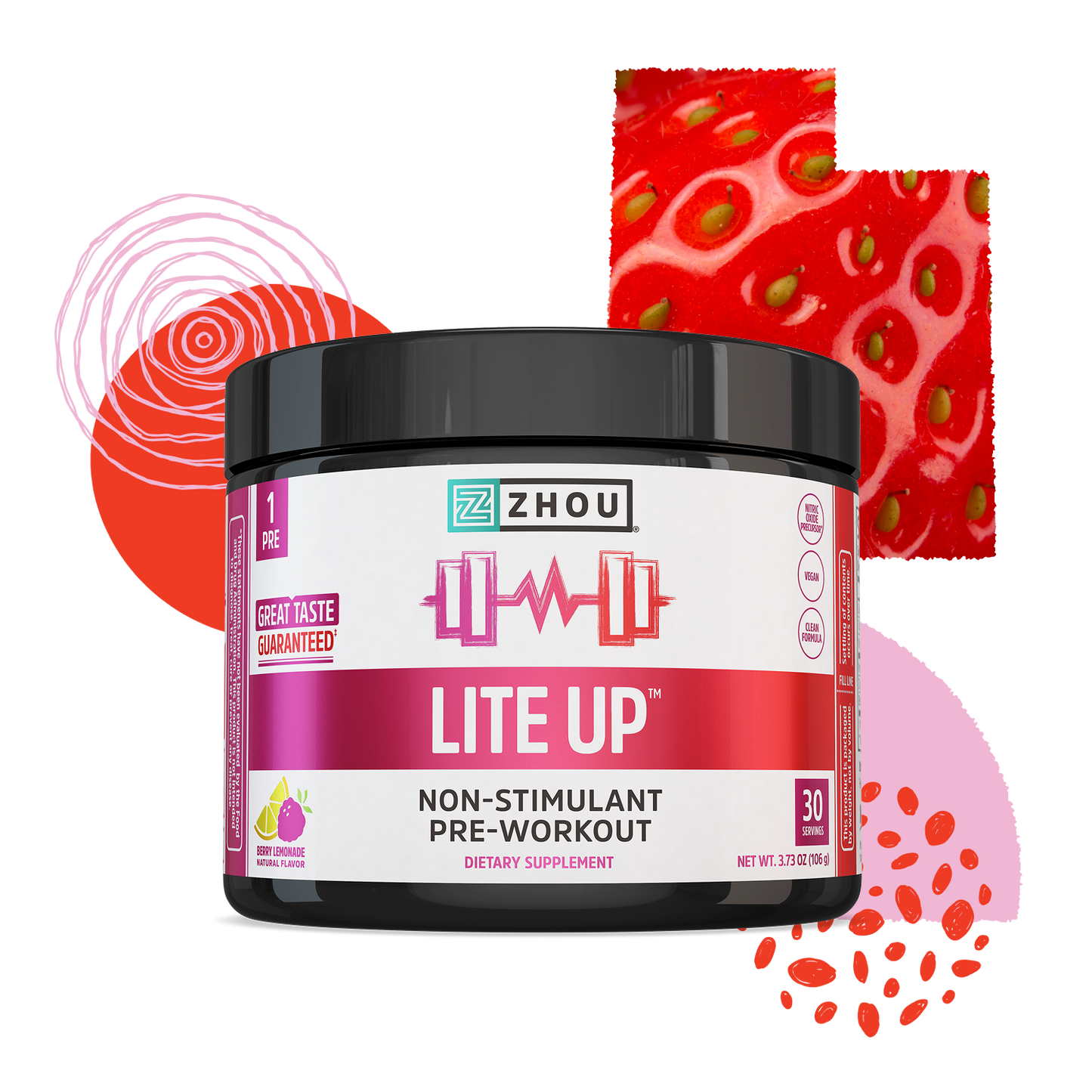 A container of Lite Up caffeine-free pre-workout by Zhou Nutrition with abstract red and pink art and fruit images in back.