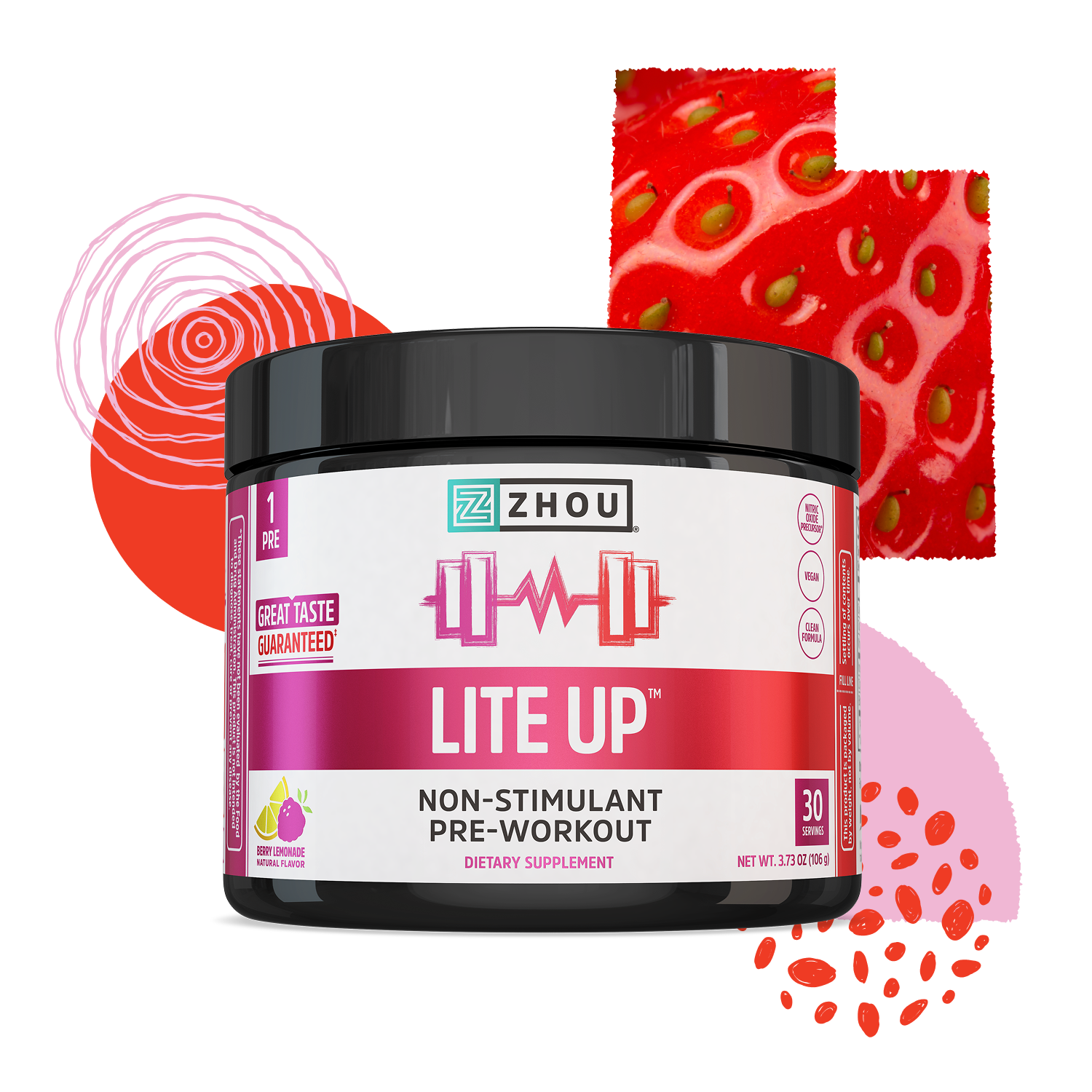 A container of Lite Up caffeine-free pre-workout by Zhou Nutrition with abstract red and pink art and fruit images in back.