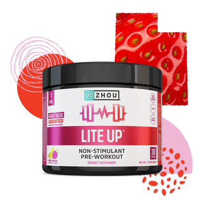 A container of Lite Up caffeine-free pre-workout by Zhou Nutrition with abstract red and pink art and fruit images in back.