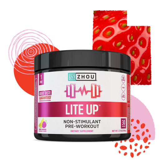 A container of Lite Up caffeine-free pre-workout by Zhou Nutrition with abstract red and pink art and fruit images in back.