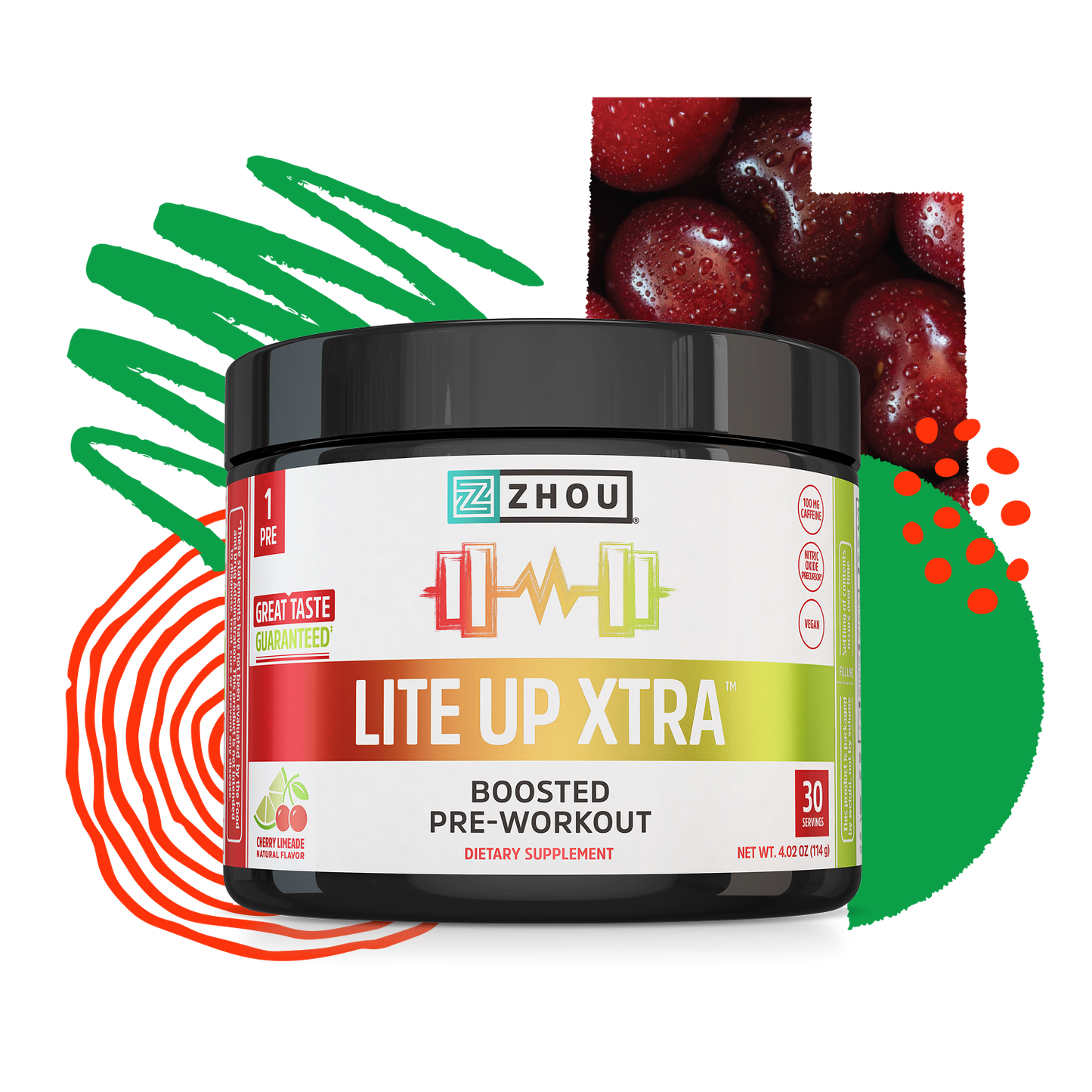 A jar of Zhou Nutrition Lite Up XTRA pre-workout with cherry flavor and vibrant graphics, offering clean caffeine.