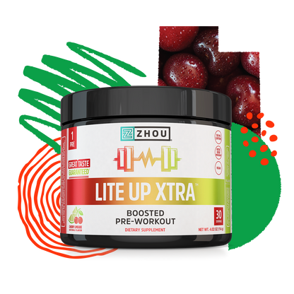 A jar of Zhou Nutrition Lite Up XTRA pre-workout with cherry flavor and vibrant graphics, offering clean caffeine.