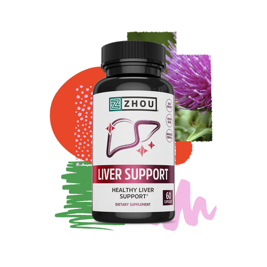 A bottle of Zhou Nutrition Liver Support capsules with abstract shapes and a Milk Thistle flower in the background.