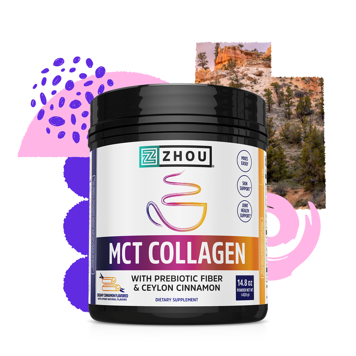 Zhou Nutrition MCT Collagen features abstract purple design, nature scenery, helps gut health and skin support.