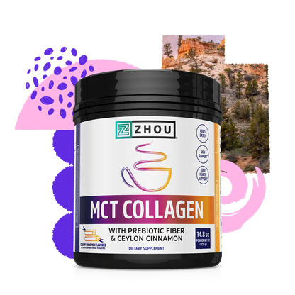 Zhou Nutrition MCT Collagen features abstract purple design, nature scenery, helps gut health and skin support.
