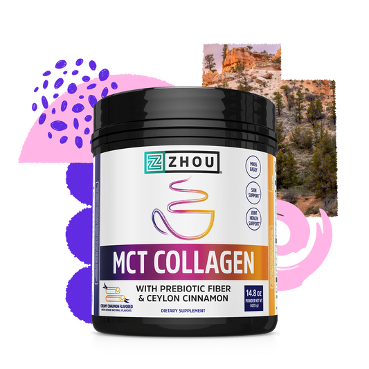 Zhou Nutrition MCT Collagen features abstract purple design, nature scenery, helps gut health and skin support.