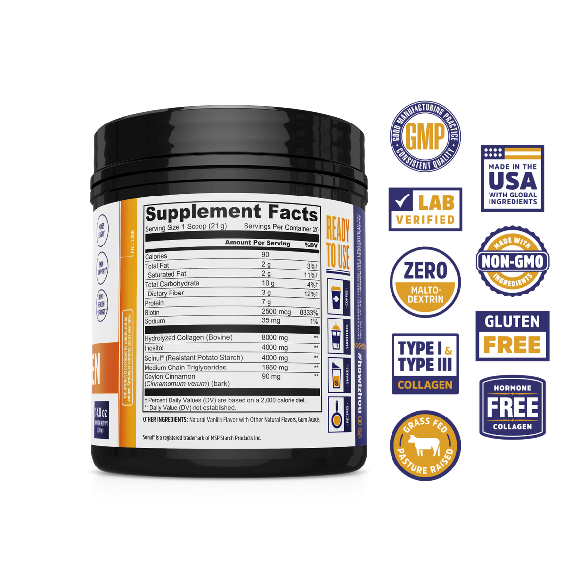 Zhou Nutrition MCT Collagen with nutrition facts, supports gut health and skin. Badges highlight key benefits.