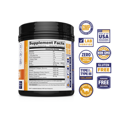 Zhou Nutrition MCT Collagen with nutrition facts, supports gut health and skin. Badges highlight key benefits.